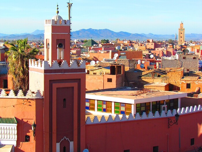 Marrakesh in Morocco red buildings traditional style with tall towers