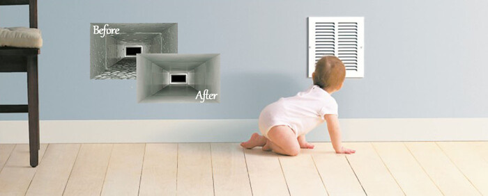 baby crawling on a wooden floor checking the air duct pictures of before and after cleaning