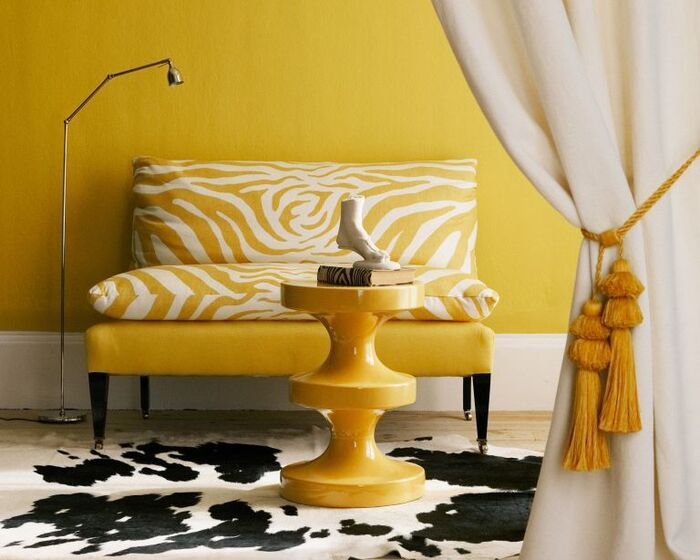 bright colors yellow interior yellow chair with animal print carpet