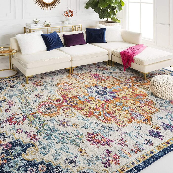 carpet ideas colorful carpet with intricate design in an all white living room with a white sofa and colorful decorative pillows