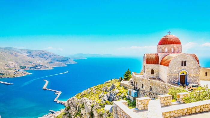 corfu greece church with a view overlooking the sea 