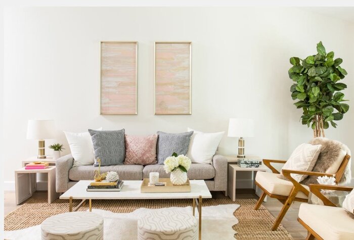 summer home interior in light neutral colors and pastel accents