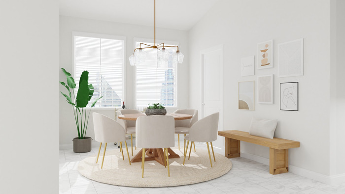 white and minimal dining room with white chairs and round carpet in the center 