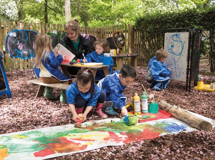 art classes for kids outdoors in a yard with a teacher and different painting materials