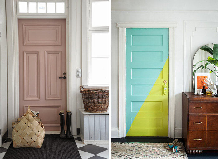 two fun and colorful entrance doors in a white interior setting