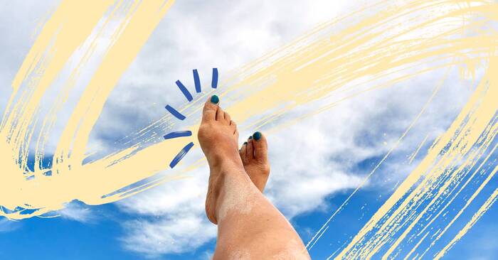 sun protection two legs in the air with blue nail polish fun yellow swipe 