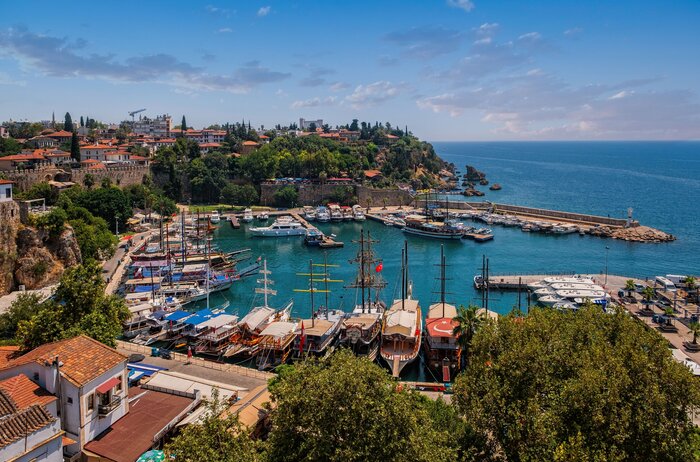 antalya turkey a look over the marina with the yachts and boats and the old town