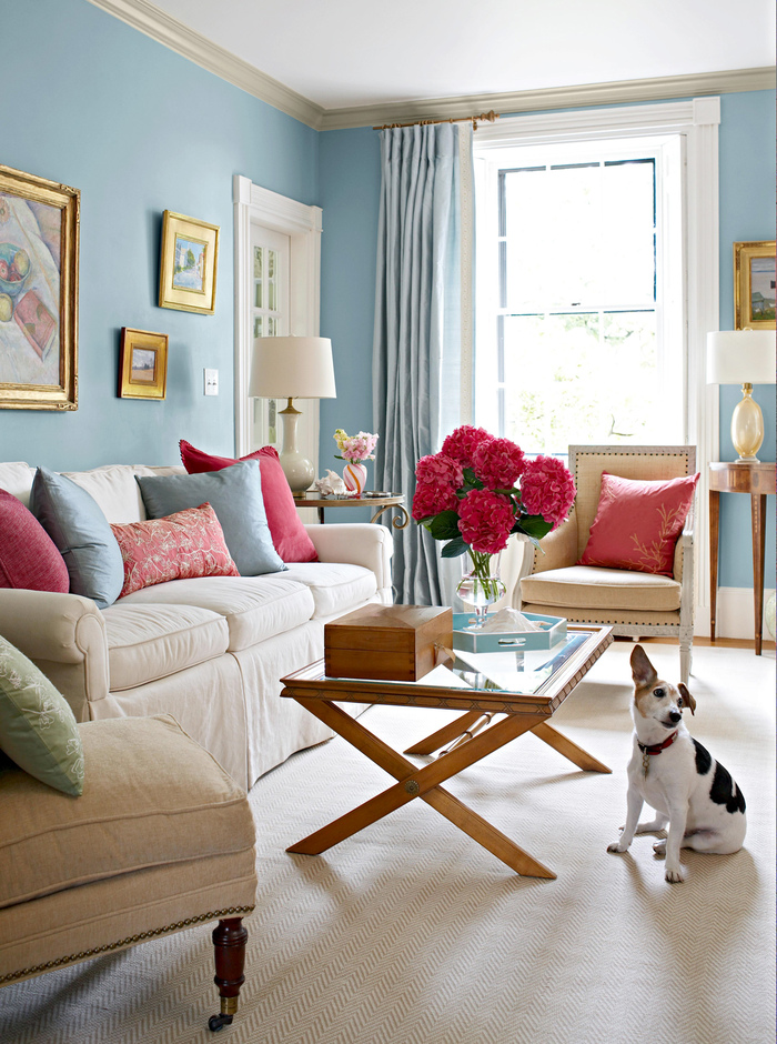light blue interior of an aristocratic living room with a dog sitting on the floor and colorful accents