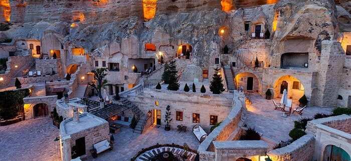 cappadocia sightseeing in Turkey cave restaurant and hotel with gorgeous lights