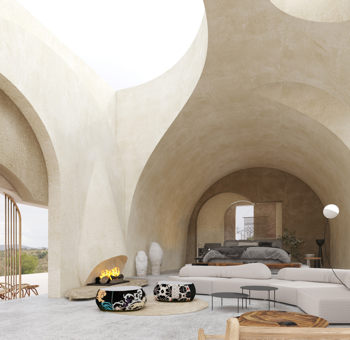 cave design with high ceiling fireplace and modern furniture