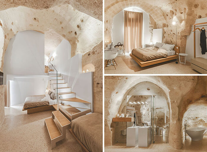 cave interior design with exposed walls and stairs and stones