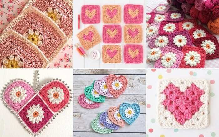 granny crochet colorful squares and hearts cute examples of crochet patterns