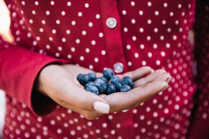 woman in red and white polka dots dress with white buttons holding blueberries in the palm of her hand with white nail polish