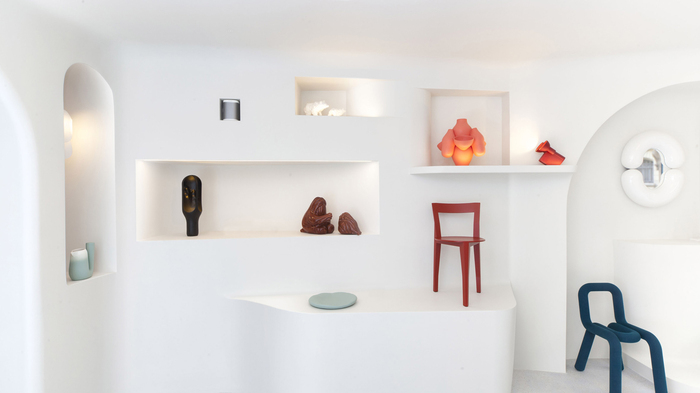 lighting white table with shelving and niches and colorful accents