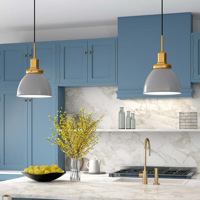 metal in a light blue kitchen lamps with golden finish and yellow and marble accents