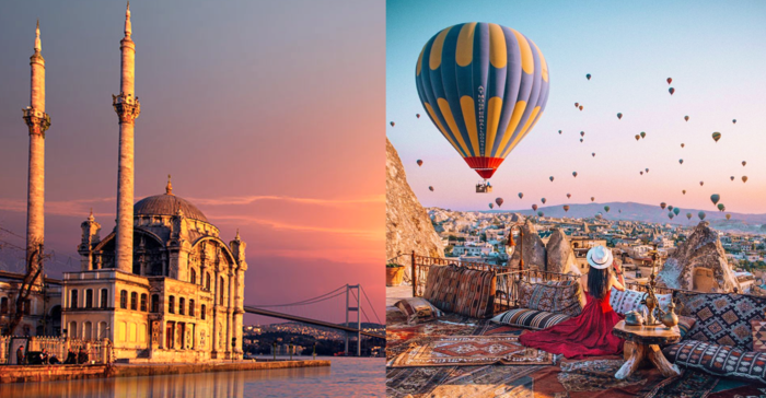 visiting turkey two pictures of sights in the country a mosque at the bosphorus and woman overlooking hot air balloons in cappadocia