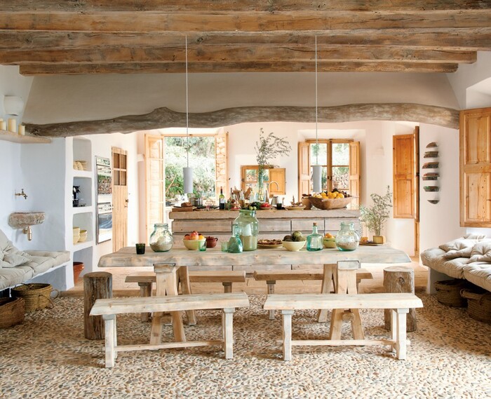 wood in the house wooden furniture in a rustic kitchen interior with wooden beams on the ceiling