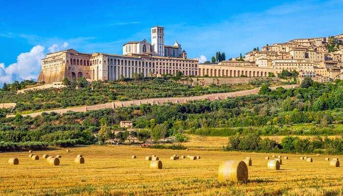 Landscape view from the fields surrounding Assisi and large buildings in the background