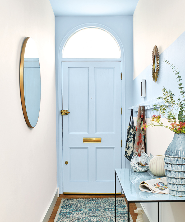color scheme for small hallways white walls and light blue door with windows and other accessories