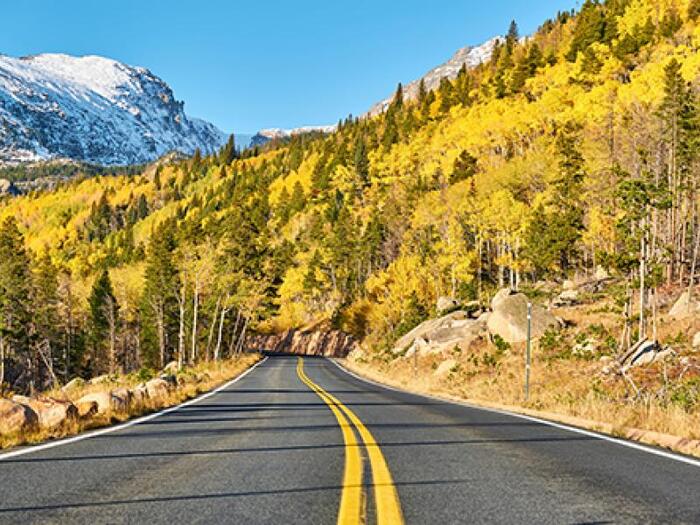 colorado fall drive way into the mountains straight road with mixed forest and a snowy peak in the background