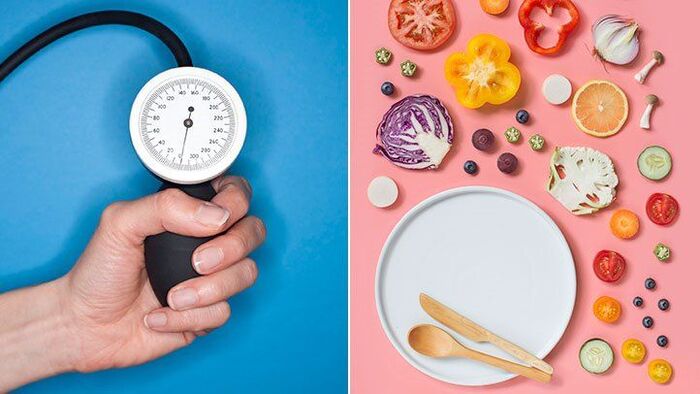 healthy meals a picture with two sides blue and pink a hand measuring the blood pressure in the blue side and a white plate with vegetables in the pink side