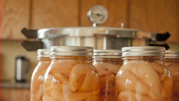 canning in a kitchen food storage jars with fruit slices and tin caps in a kitchen with a large pot in the background