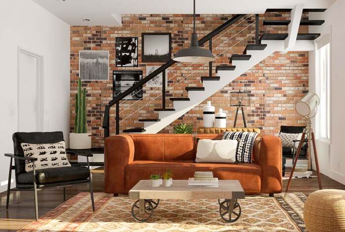 industrial design in a living space with an exposed wall and white stairs in the background