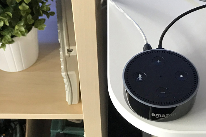 alexa homekit black device sitting on a white desk with another desk on the side and a green plant in a white planter