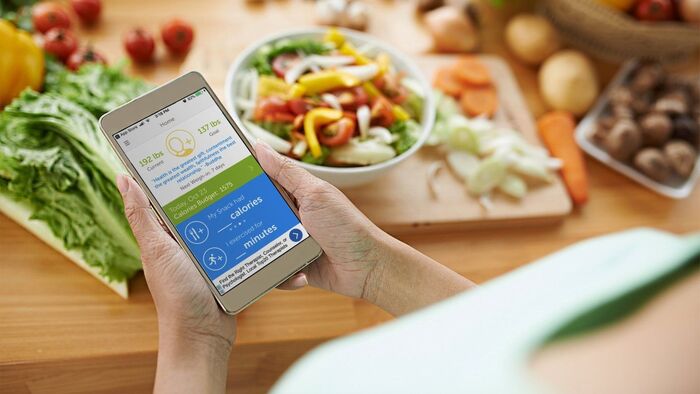 calories counting diet woman sitting at the table cutting vegetables with her phone in her hands counting calories