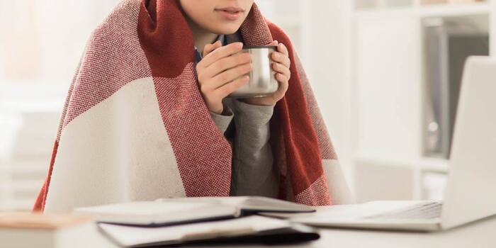 how to get warm woman sitting with a blanket on in front of her computer holding a metal cup in her hands