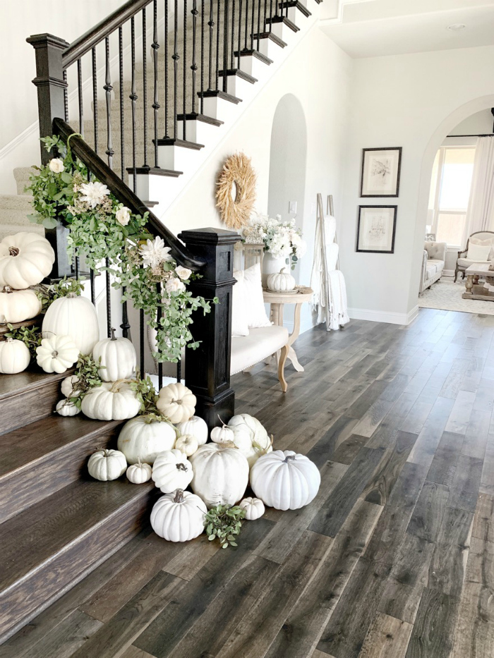 pumpkin staircase decor modern dark staircase decorated with white pumpkins and flowers