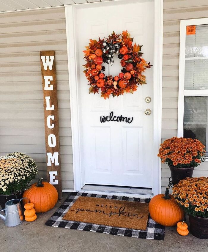 door decor front door with a wreath fall flowers and pumpkins