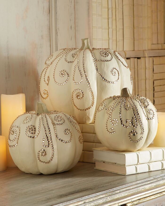 fall diys jewelled white pumpkins decorated with crystals and ornaments