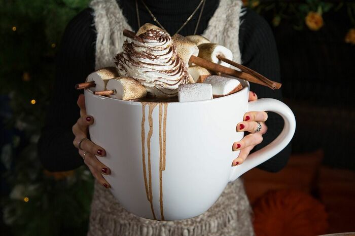 woman dressed warm holding a large cup of hot cocoa with whipped cream and marshmellows