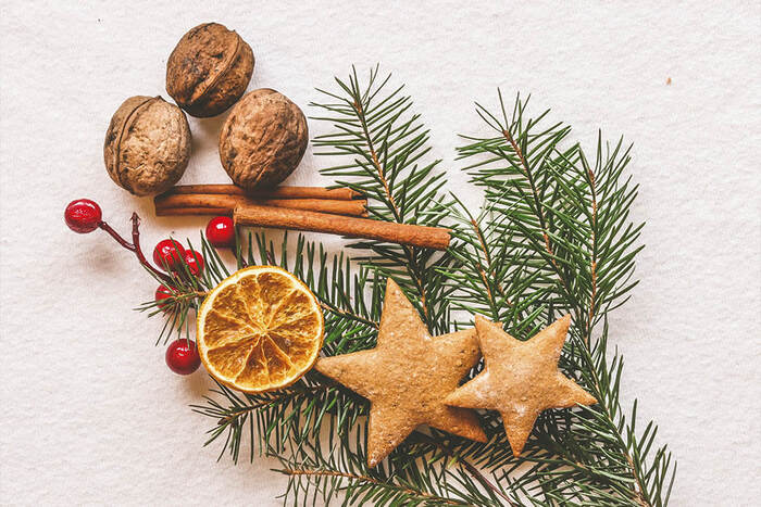 christmas scents on a white background gingerbread cokkies pine branches berries cinnamon sticks and wallnuts