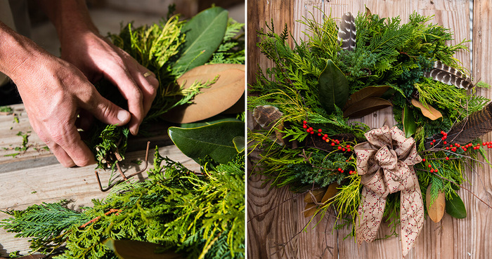 DIY green christmas wreath with green leaves feathers and foliage