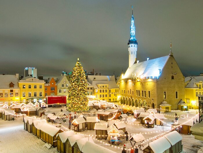 estonia tallin christmas market at the central square covered in snow