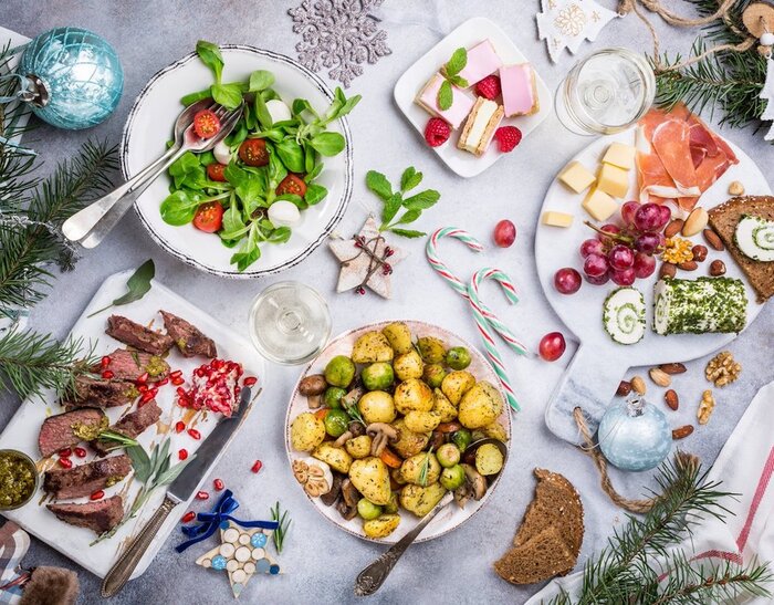 meal plan healthy meals for christmas holiday table shot from above with salad and other healthy meals