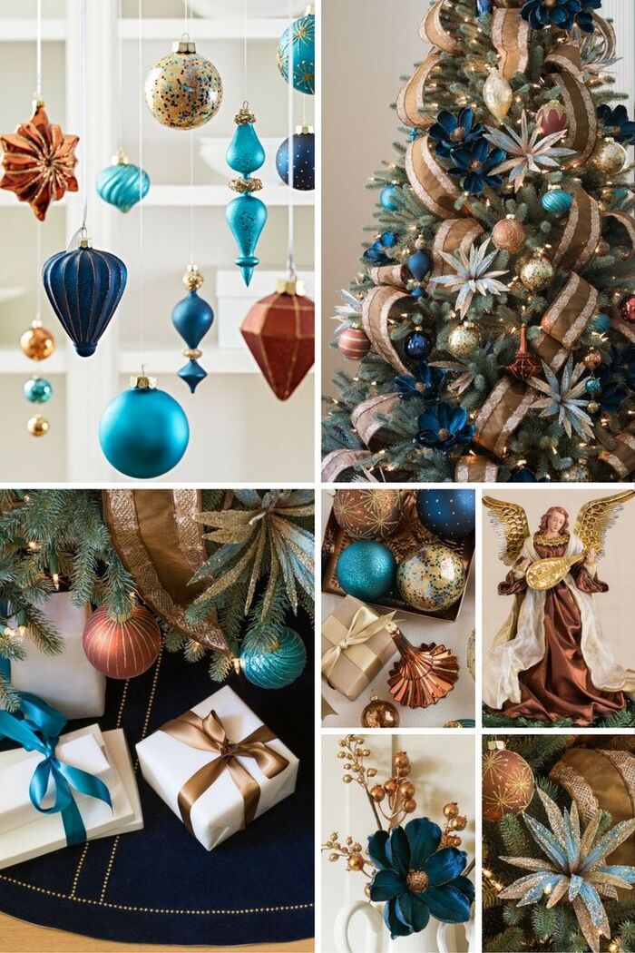 navy and blue christmas theme collage with different decorations and a christmas tree