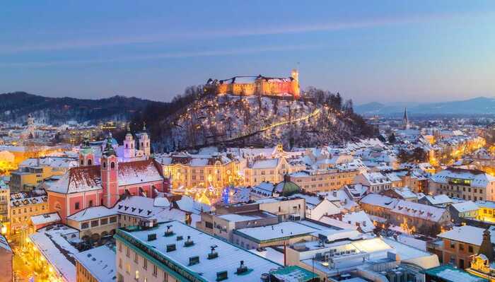 the capital of slovenia city of Ljubljana in winter snowy landscape