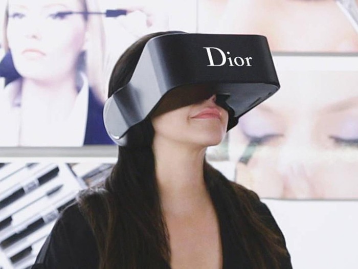 woman with a Dior headset in a virtual reality make up world