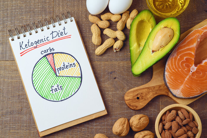 various diet and healthy foods scattered on a table with a notebook with graphs