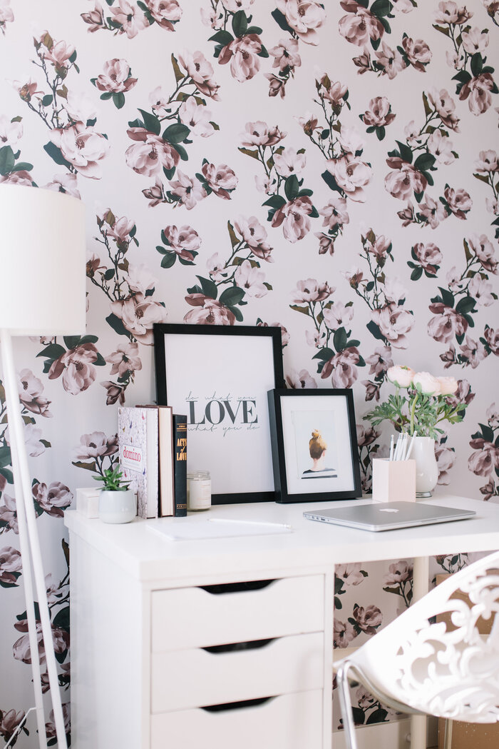 floral office design with floral wallpaper white desk and cute decorative pieces