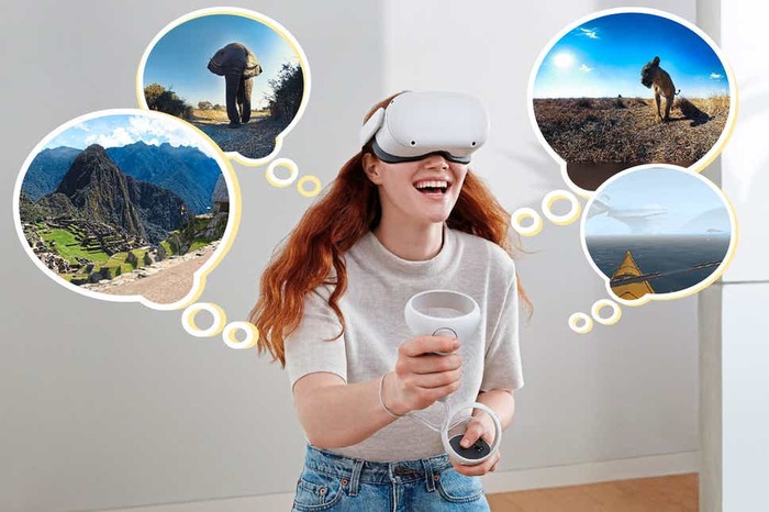 virtual travel woman with red hair in jeans and sweater trying a virtual reality set picking places to travel