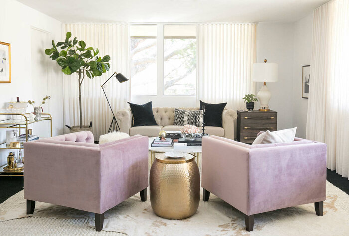 elegant living room with pink accent chairs and a metal coffee table large living plant in the background