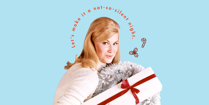 woman with retro hairstyle on a light blue background holding christmas presents with a pick up line around her head