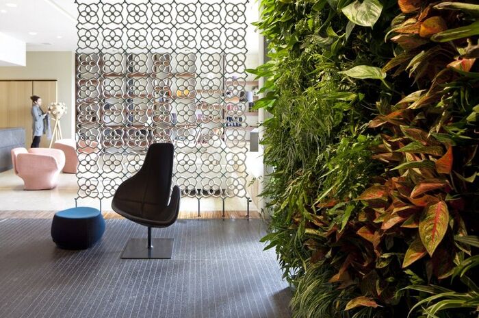 decorative wall zoning an interior green wall with living plants in a modern design space with colorful furniture