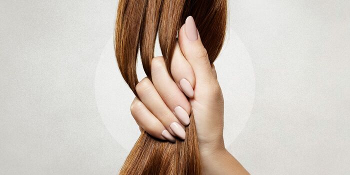 hand with long pink nails holding a healthy brown hair