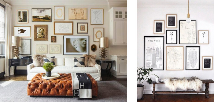 mix frame styles two examples in living spaces with gallery walls