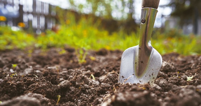 spring gardening prep digging into the soil with metal gardening tools